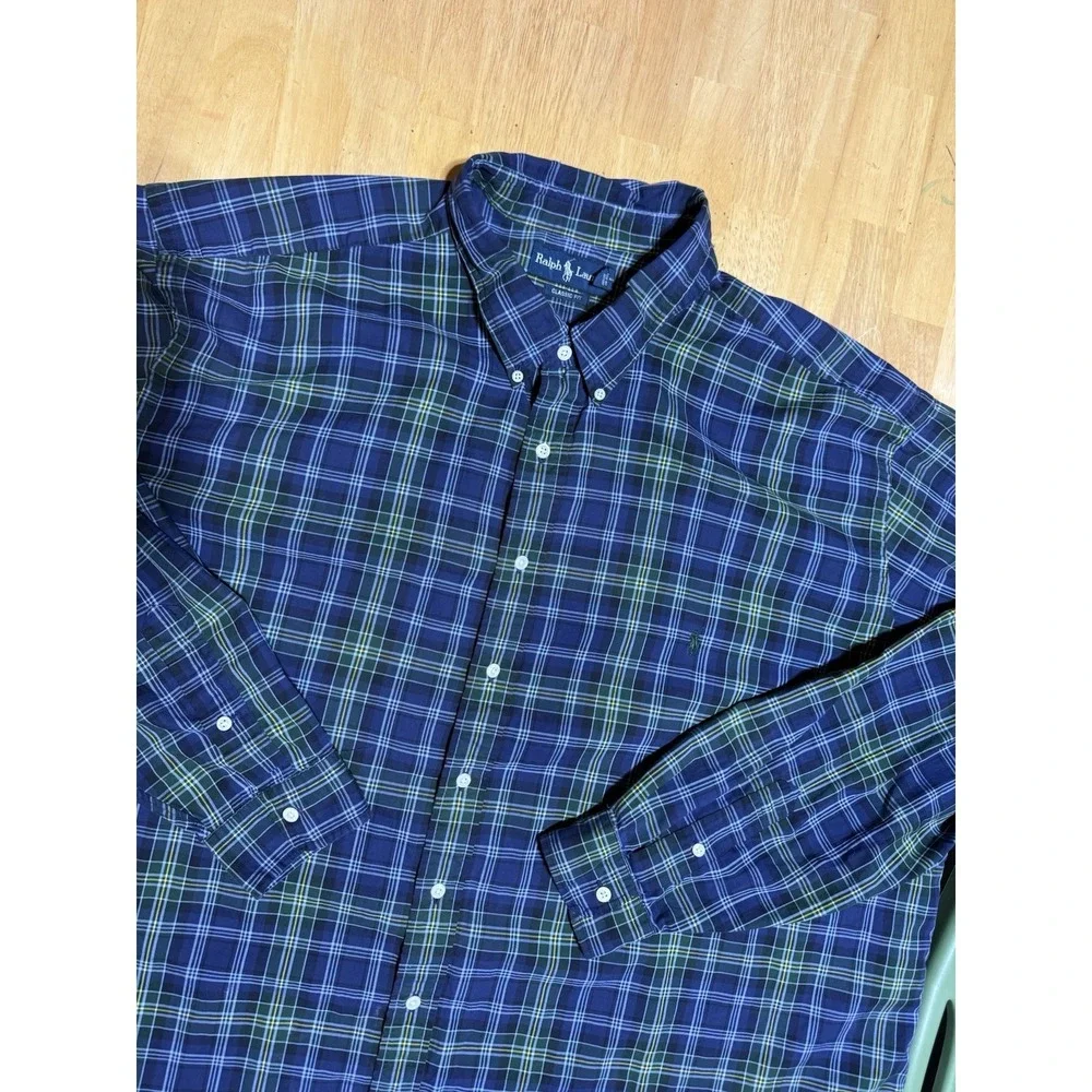 Vintage Polo Ralph Lauren Shirt Mens 4XLT Navy Green Plaid Button Down Big Tall